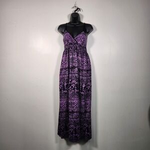 CURRANTS Maxi Dress Women S Purple Black Ikat Smocked Empire Waist Cotton Summer